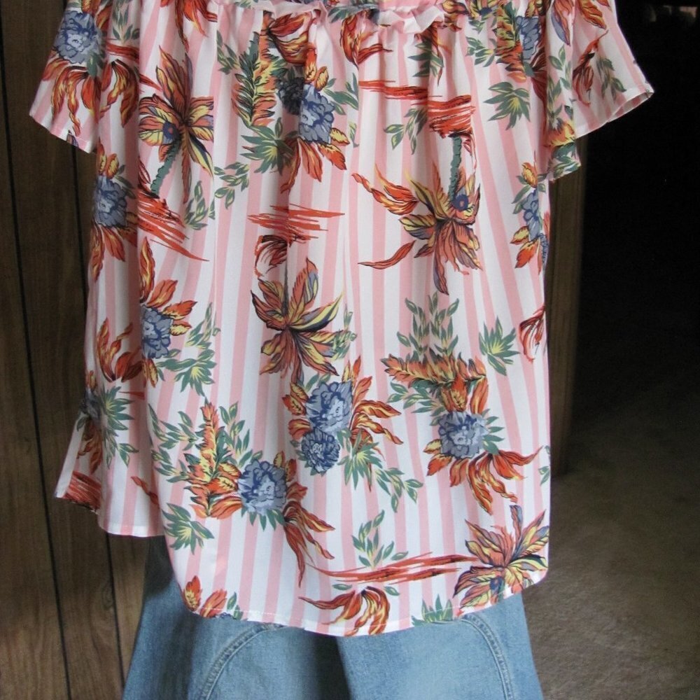 ENTRO  LADIES PINK STRIPE/FLORAL OFF THE SHOULDER SUMMER SHIRT  BRAND NEW WITH T - Picture 8 of 8